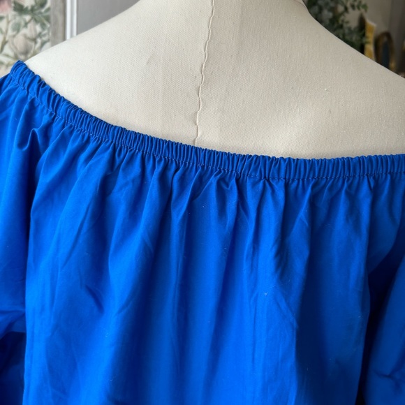 Scoop neck 100%cotton mini dress pullover solid blue ruched sleeves - Picture 6 of 12